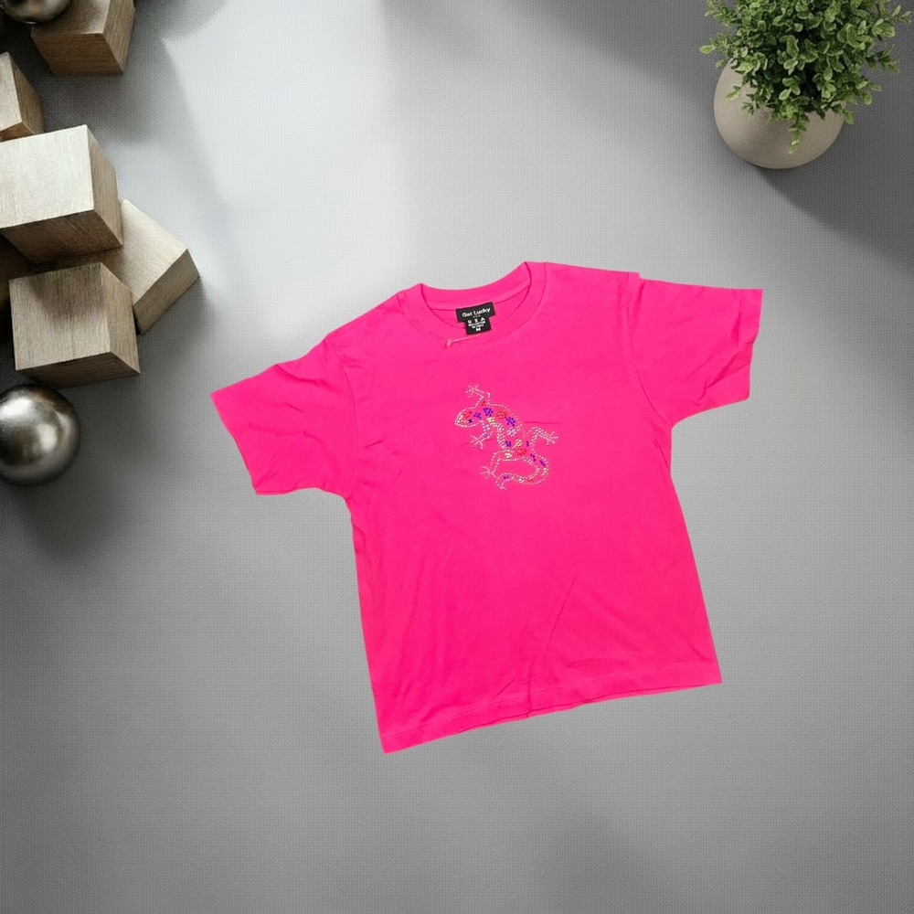 Vintage 90s Get Lucky Hot Pink Rhinestone Lizard Graphic Baby Tee Shirt Mens M
